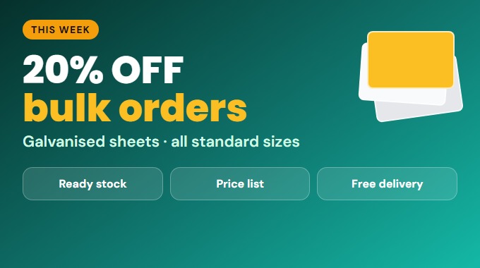 Offer image sent with the marketing message: 20% off bulk orders on galvanised sheets